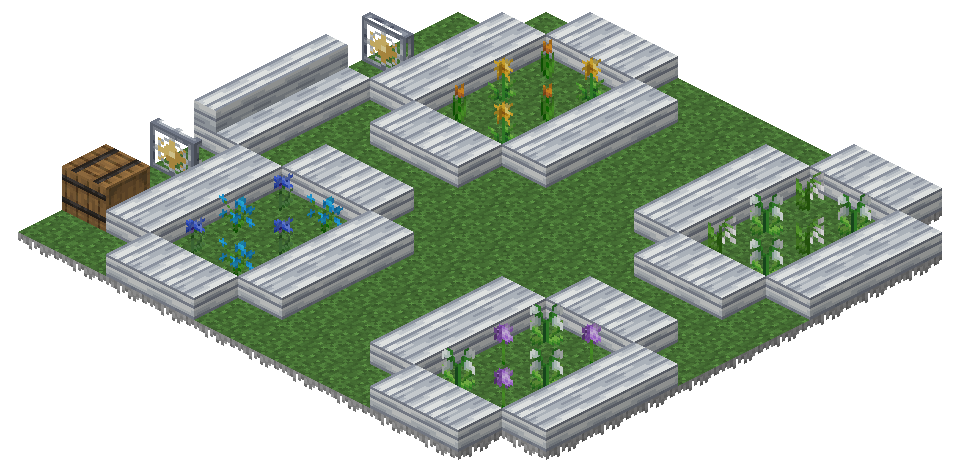 Isometric render of a flower garden: four flower beds edged with silver Mallorn slabs on open grass, a bench and a supply barrel at one corner.
