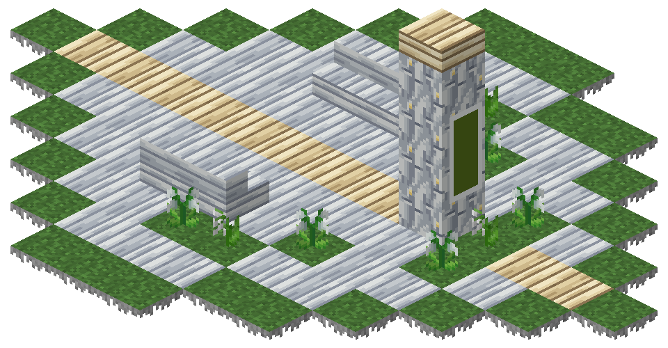 Isometric render of a leaf memorial: a silver plank deck set into the grass with a golden heartwood vein, two benches, white flowers and a silver pillar hung with a green banner.